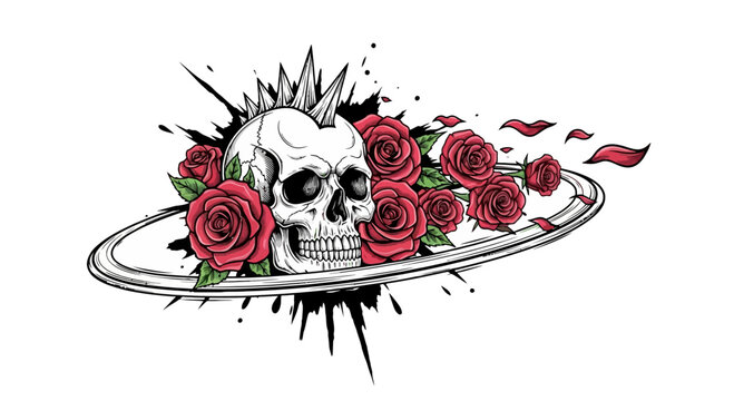 Punk rock skull with mohawk spikes and red roses, gothic floral skeleton vector illustration, edgy tattoo art with ink splashes and petals
