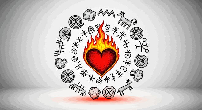 Ancient tribal petroglyph symbols surrounding a flaming red heart, mystical cave art vector, prehistoric spiritual rock painting icons