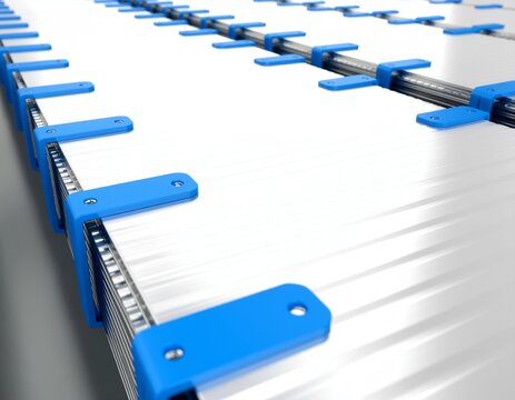 Close-up perspective view of stacked rows of hydrogen fuel cell stack components or industrial corrugated panel assemblies with blue polymer fittings and chrome rail connectors, arranged in a precise 