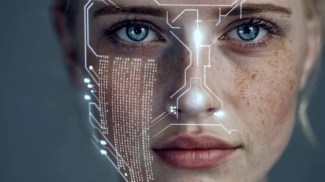 Face of a woman with digital overlay showing circuits and codes, representing technology and identity in a modern world