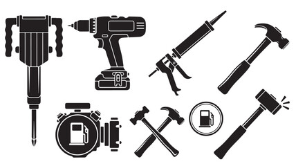 Fototapeta premium Construction tools vector icon set, industrial power equipment and hand tools collection, black silhouette hardware for building and renovation