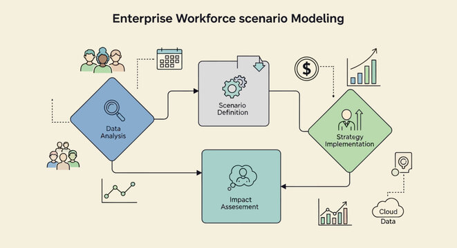 Enterprise workforce scenario modeling process with data analysis and risk assessment.