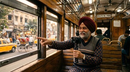 Obraz premium Smiling Senior Indian Man in Turban Vlogging with Camera Inside Classic Vintage Tram in Kolkata