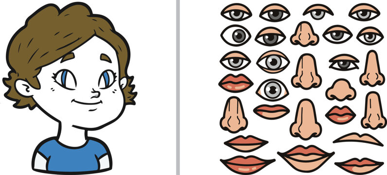 Vector illustration of a smiling cartoon character alongside a set of modular facial features, including various eyes, noses, and mouths for character customization on a white background.
