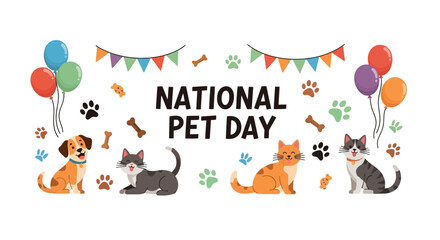 Obraz premium Celebrating national pet day with a vector illustration design, depicting cute cartoon dogs and cats under colorful balloons and a festive garland against a clean white background