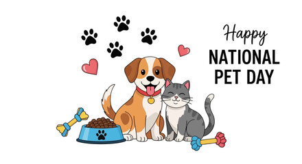 A cheerful vector illustration celebrates National Pet Day, depicting a happy dog and cat alongside paw prints and a food bowl, all rendered in a colorful, cartoon style against a clean © Anggora