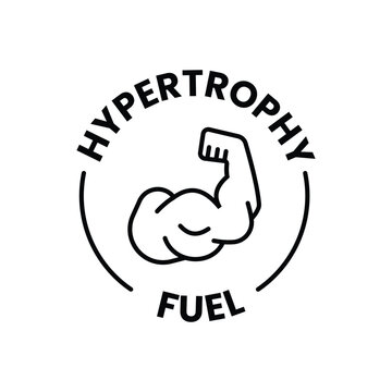 Simple hypertrophy fuel logo design with muscular arm illustration for sports supplement and bodybuilding identity