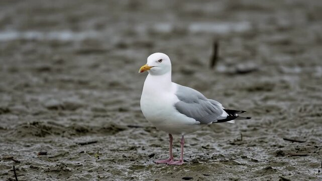 Adult Glaucous-Winged Gull Standing on Muddy Estuary Shoreline, Large White Sea Bird in Coastal Habitat at Low Tide, Natural Wildlife Shorebird Photography