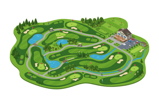 Isometric golf course landscape illustration green sport field with lakes and fairways vector style