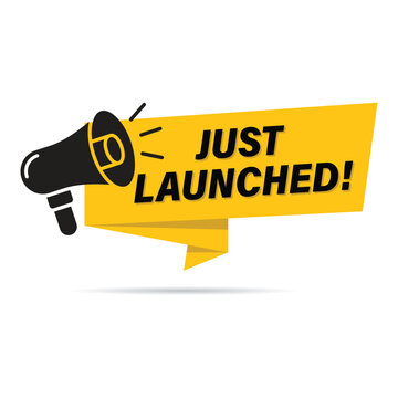 just launched new product announcement yellow banner with megaphone icon for business startup and release
