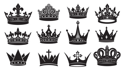 Vintage royal crown silhouettes, set of 12 black heraldic crowns and tiaras, majestic king and queen headwear icons for luxury branding and logo design © Abdullah
