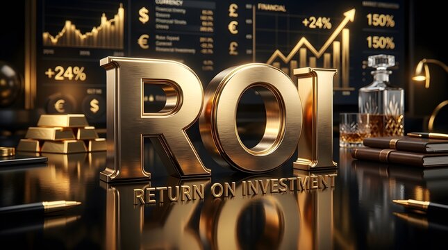 investment concept with metallic 3d roi text on reflective black surface with gold lighting accents
