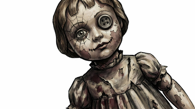 Creepy old doll with cracked face.