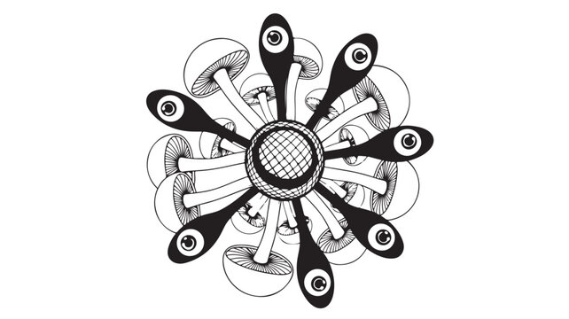 Psychedelic mushroom mandala vector, surreal trippy fungi with eyes, black and white hand drawn magic mushrooms, mystical occult botanical art