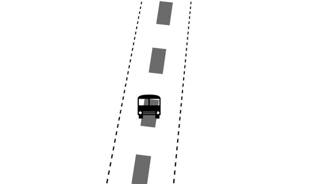 Black bus driving on a road with dashed white lines and grey rectangular markers vehicle transportation