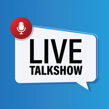 blue and white live talkshow banner with microphone icon for radio and podcast streaming media