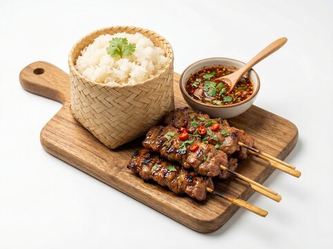 thai grilled pork with sticky rice, studio lighting, isolated on white background, high detail, commercial use

