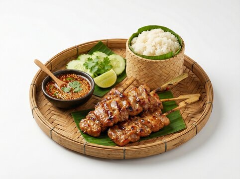 thai grilled pork with sticky rice, studio lighting, isolated on white background, high detail, commercial use


