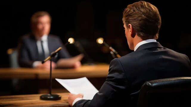 Over-the-shoulder perspective of council members reviewing documents, microphones angled toward speakers, rich cinematic color highlighting the textures of wood, papers, and suits,