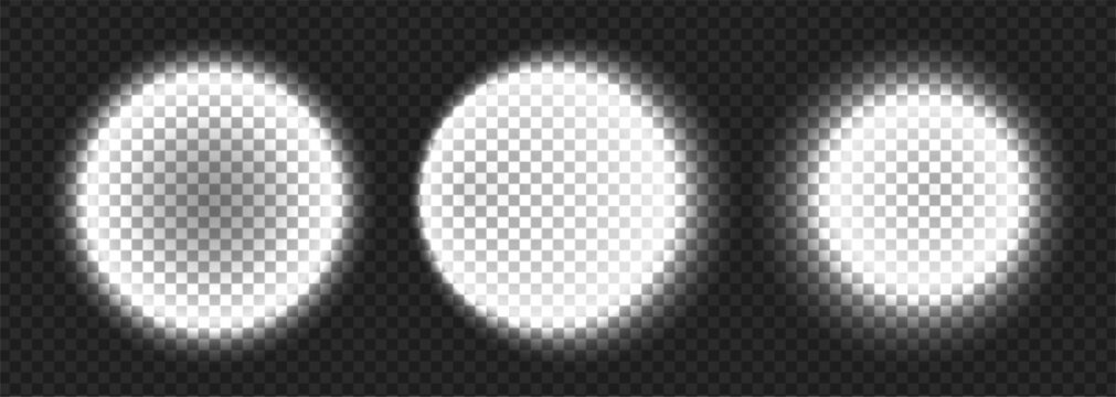 White spotlight flashlight with frame light png and overlay effect view. Flare beam blue with round magic headlight and circle shadow spark. Halo car head with led backdrop oval and wall.