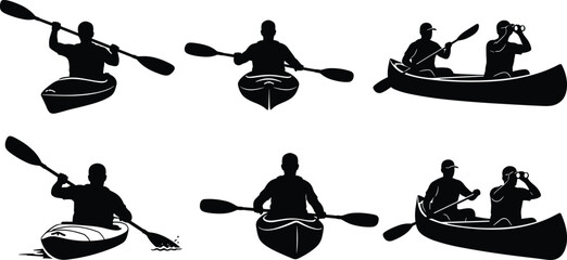 Kayaking canoe silhouette set, paddling people black vector collection, outdoor water sport illustration isolated on white background design © MdAminur