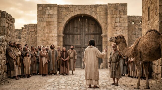 Jesus stands with a camel and a man, preaching to a crowd of men, women and children before large ancient gates in biblical times