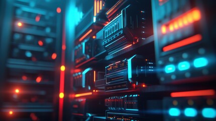 Naklejka premium Close up of advanced server units stacked in a data center