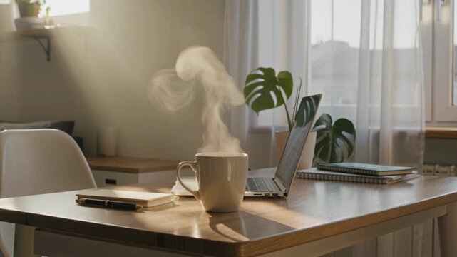 Minimal home office workspace with laptop and coffee cup, cozy morning light, modern desk setup with plant, remote work lifestyle, productivity concept, clean interior design aesthetic