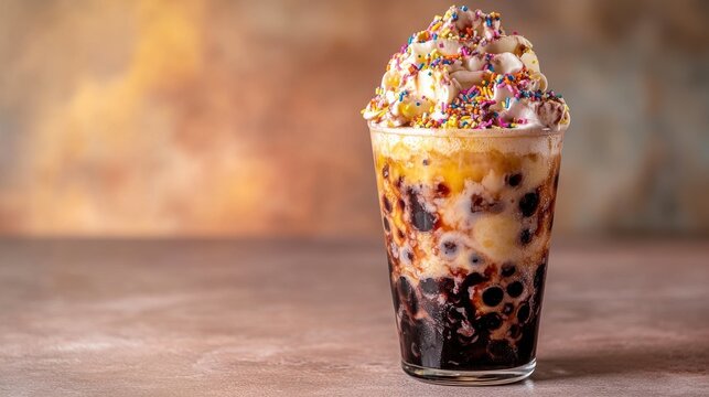 Creamy taro bubble tea topped with whipped cream and sprinkles