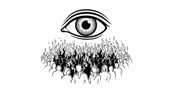 An all-seeing eye looms over a crowd engulfed in flames