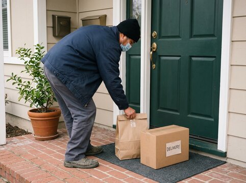 Delivery Courier Placing Packages at a Residential Front Door