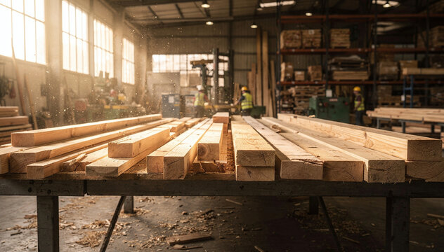 Natural Wood Planks on Table in Woodworking Factory with Sunlight