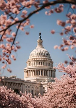 The united states capitol building surrounded by beautiful pink cherry blossoms on a clear sunny day in springtime washington dc