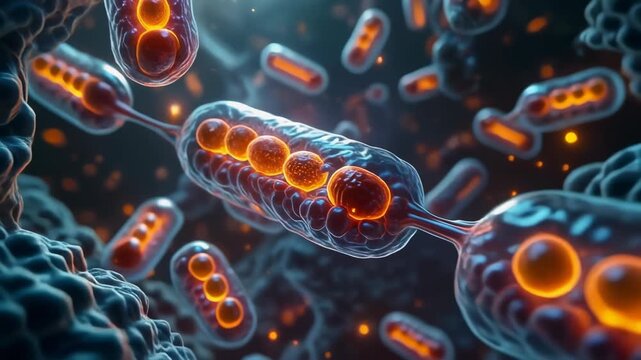 Microscopic view of bacteria and viruses, detailed 3D rendering of microorganisms, medical and scientific background.