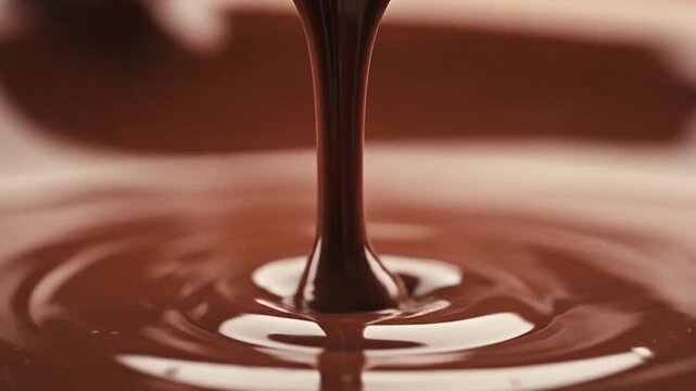 A close up view of smooth dark liquid chocolate pouring into a bowl