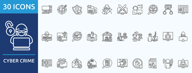 cyber crime  - Icon Collection. Thin outline Set contains such Icons as digital finance, privacy, espionage  and more. Simple web icons set  © Dahlianiqi