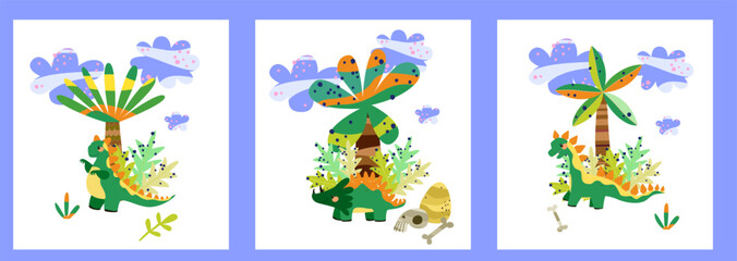 Cute Cartoon Triceratops and Brontosaurus with Fossil Skull and Bone in Prehistoric Forest for Children Education Materials or Dino Theme Party Decoration © Ilona