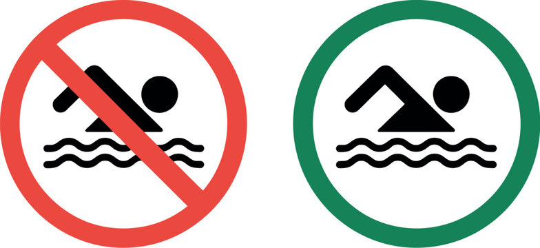 Swimming allowed and no swimming signs vector illustration set with swimmer icons for safety, warning, and recreational area design