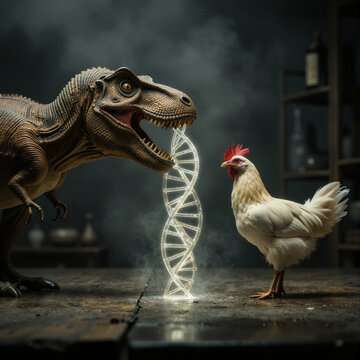 Humorous surreal illustration of a fierce t rex dinosaur staring down a small white chicken for funny evolution concepts playful prehistoric graphics and creative design.