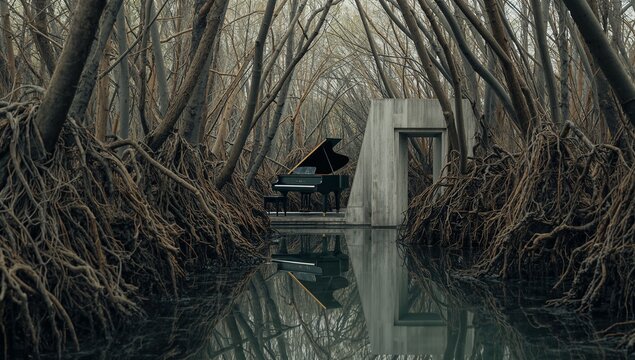 Grand piano in a flooded forest with concrete structure reflecting in water