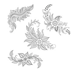 Fototapeta premium Intricate Henna Floral Paisley Vector Set with Ornamental Mehndi Elements