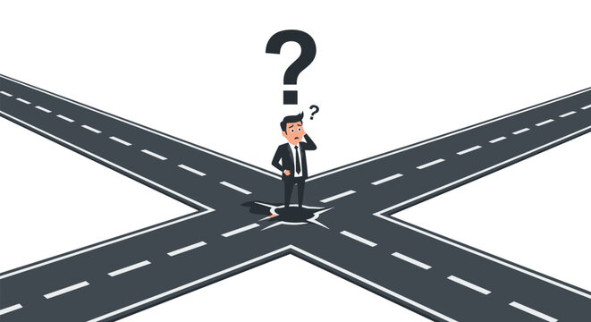 Confused businessman stands at a four way road crossing with a large question mark above his head making a choice.