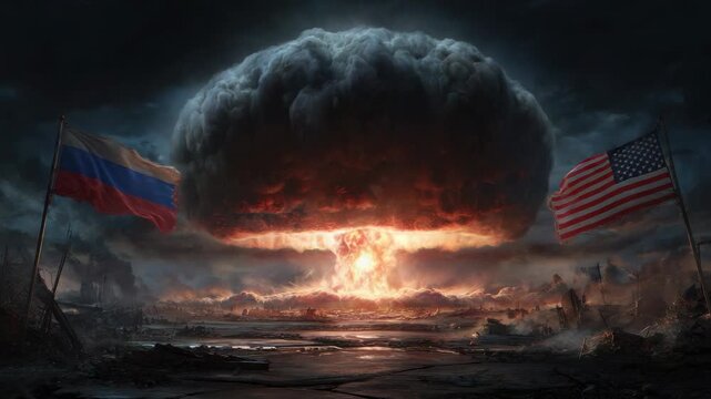 War impact on the world as flags of Russia and America stand near a nuclear explosion site on a dark and stormy day