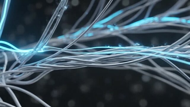 Abstract digital cables transmitting glowing blue energy signals through a dark space