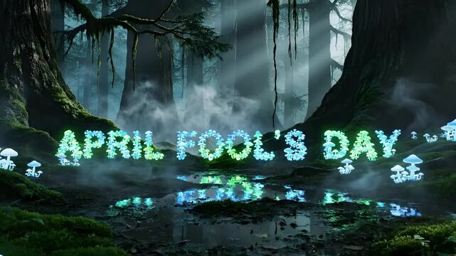 April Fool's Day text glowing in an enchanted forest with bioluminescent mushrooms and misty sun rays, magical holiday landscape for seasonal greetings and creative promotions.