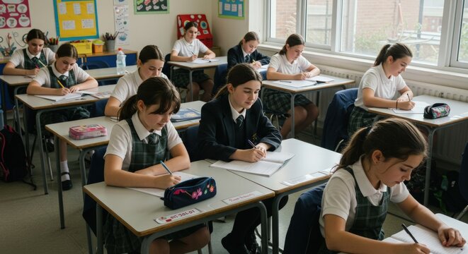 School girls sitting at desks.