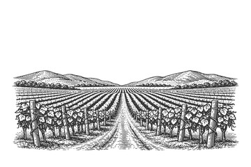 Black and white engraving style vineyard landscape vector illustration featuring grape farm rows and rural scenery © Chairul