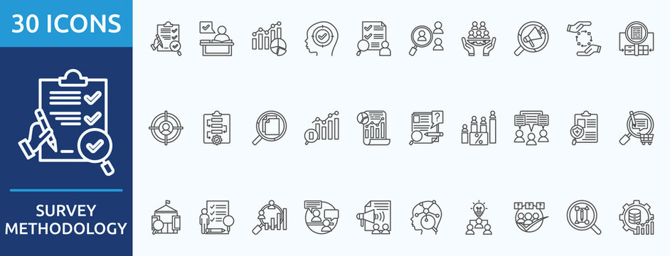 survey methodology
 - Icon Collection. Thin outline Set contains such Icons as study
statistic, concentrating,  and more. Simple web icons set
