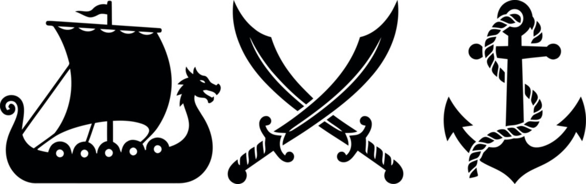 Viking Longship Crossed Swords and Anchor Pirate Icon Set