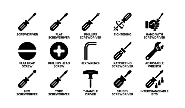 Screwdriver wrench icons: flat phillips hex torx ratcheting adjustable tools